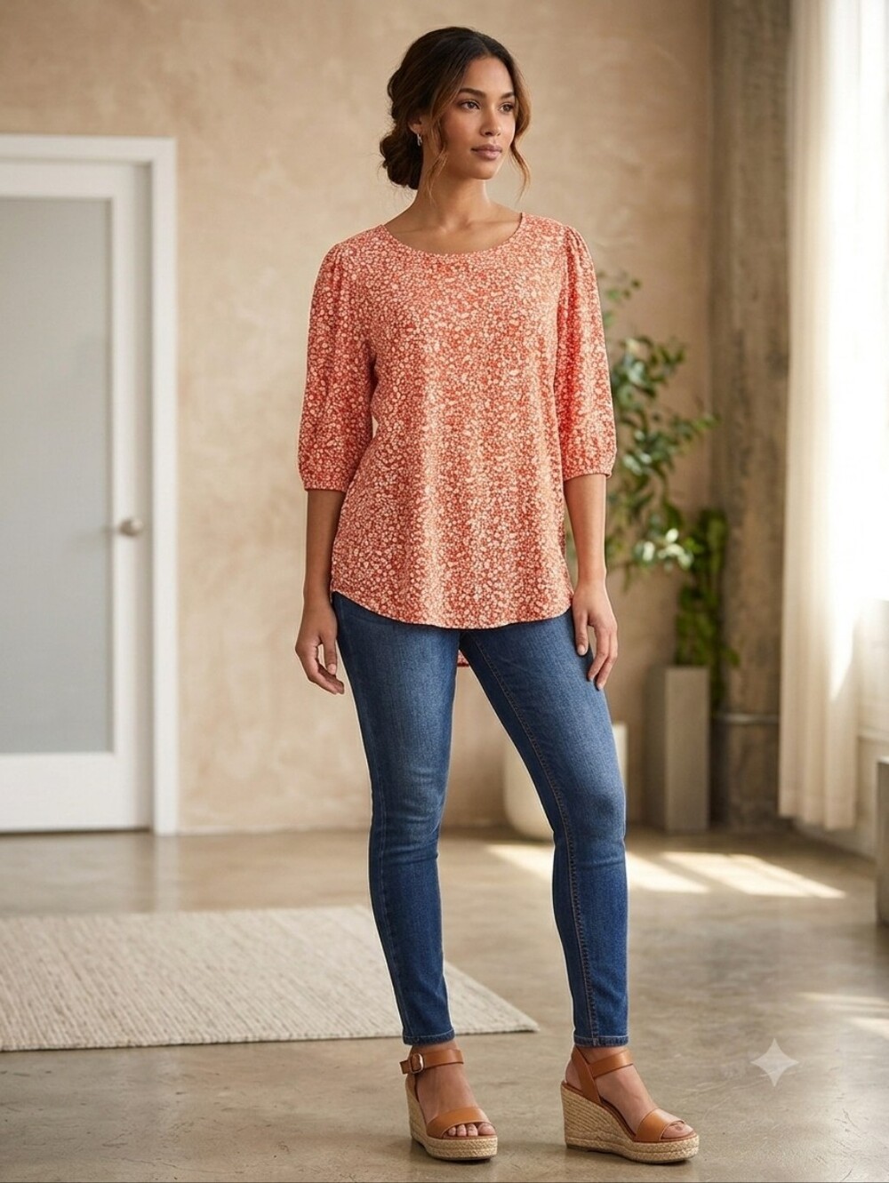 Adrianna Papell Coral Printed Puff-Sleeve Blouse - Picture 2 of 6